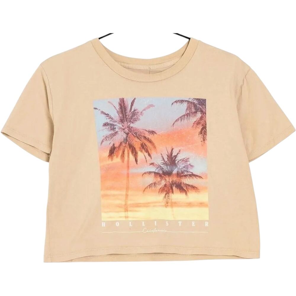 Hollister California Palm Tree Sunset Crop Top Tee Coastal Graphic Nude XS